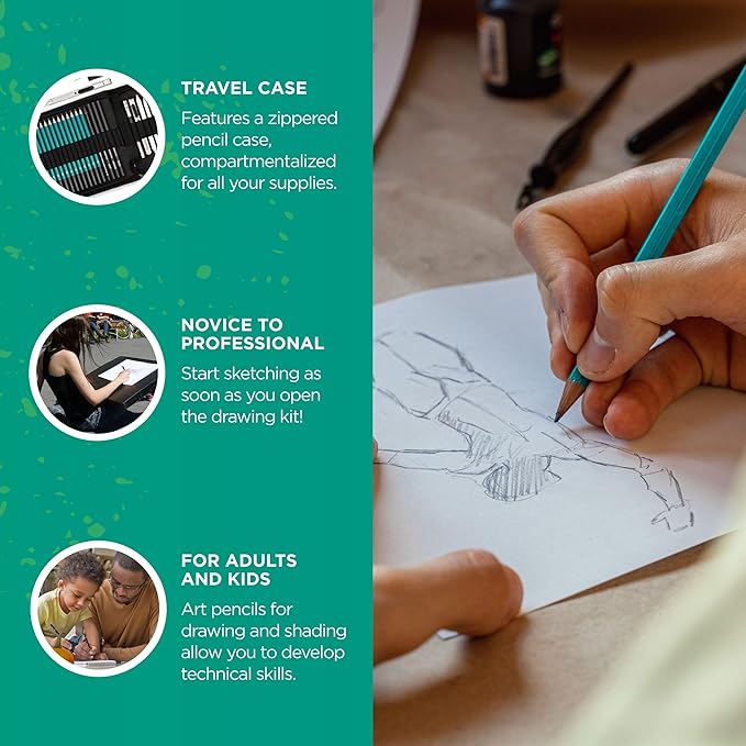 XL Drawing Set - Sketching, Graphite and Charcoal Pencils. Includes 100 Page Drawing Pad, Kneaded Eraser, Blending Stump. Art Kit and Supplies for Kids, Teens and Adults