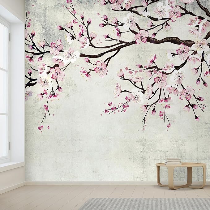 wall26 Large Wall Mural Watercolor Style Ink Painting Pink Cherry Blossom on Vintage Wall Background | Self-Adhesive Vinyl Wallpaper/Removable Modern Wall Decor - 120x120 inches