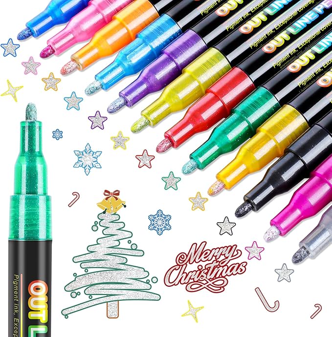 FUMILE 12 Colors Double Line Outline Markers,Glitter Markers for Kid Teens,Self Outline Metallic Markers for Art Supplies,Metallic Glitter Pen Set for Teen Girl.