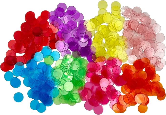 500 Pcs of 3/4 inch Transparent 8 Color Clear Bingo Counting Chips Plastic Markers for Bingo Games, Math Counters,Classroom,Fun Family Game Night, Large Group Games