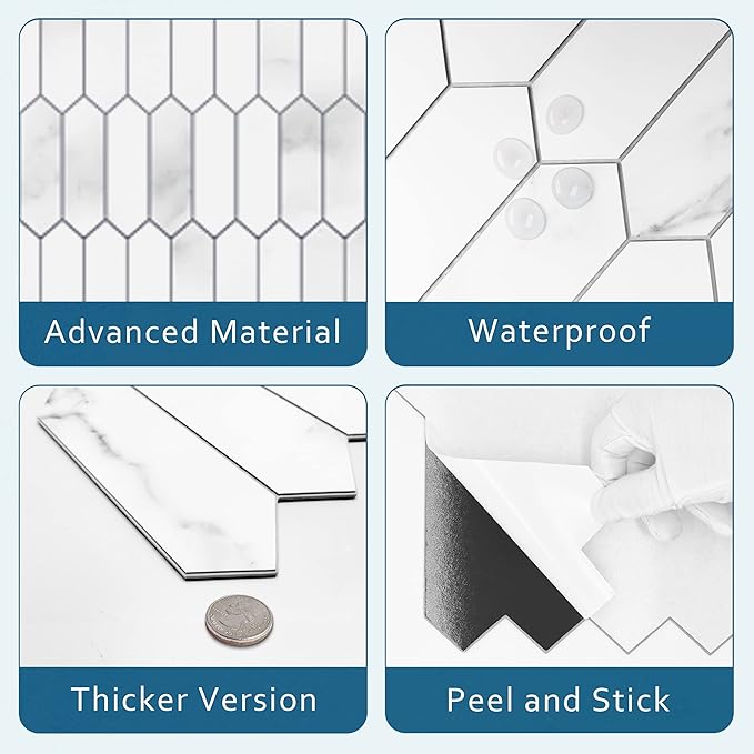 SUNWINGS Backsplash Tile for Kitchen Peel and Stick, Stone Composite Self Adhesive Tiles Faux Marble Pattern Long Hexagon Mosaic Wall Tile for Kitchen, 12 Inch x 11.22 Inch 10 Sheets White Marble