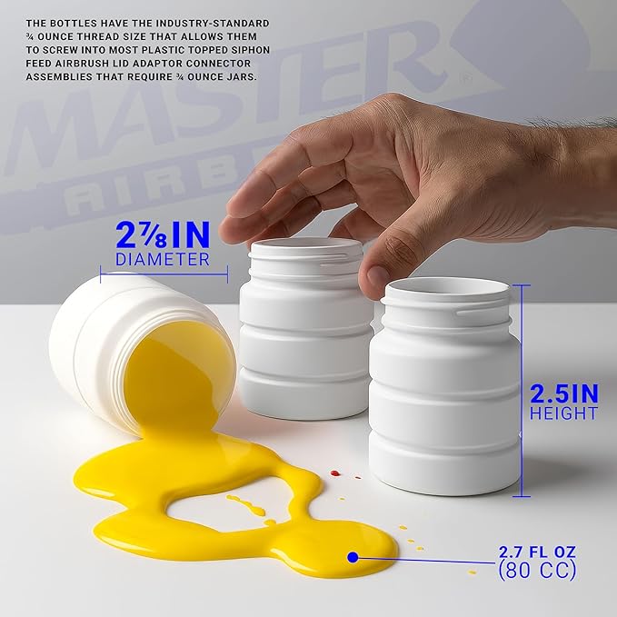 Master Airbrush (Pack of 10) TB-006 Empty 2.7-Ounce (80cc) Plastic Jar Bottles with 30° Down Angle Adaptor Lid Assembly - Fits Dual-Action Siphon Feed Airbrushes, Use with Master, Badger Paasche Iwata
