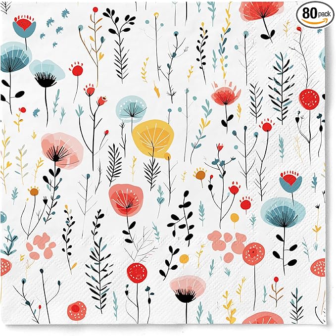 80 pcs Premium Designer Paper Napkins, 3-Ply 6.5x6.5-inches Disposable Decorative White Floral Napkin for Wedding Birthday Anniversary Lunch Dinner Party