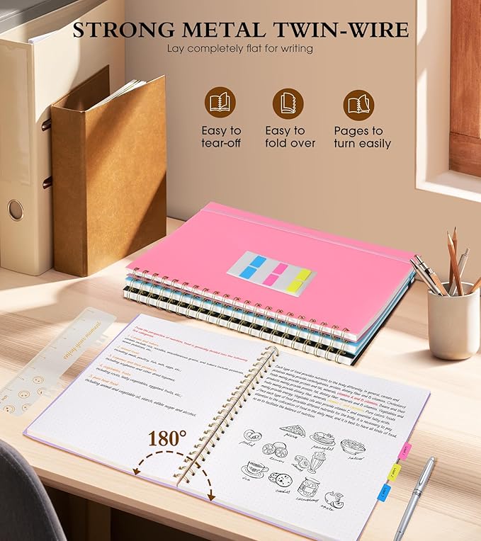 Dotted Notebook, Spiral Notebook Journal 8.5” x 11”, A4 Large Dot Grid Notebooks for Women Men, 100 GSM Dotted Paper, Plastic Hardcover Spiral Bullet Journals for Work School Sketching, Purple