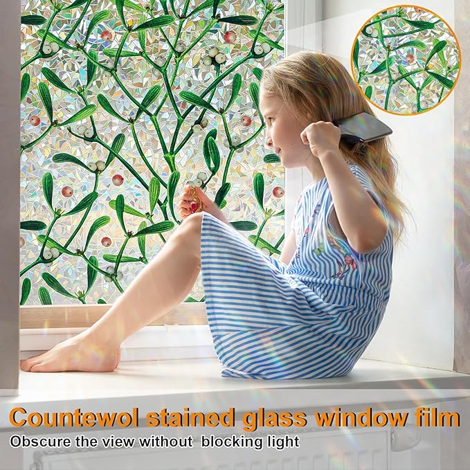Window Privacy Film Stain Glass Window Film Rainbow Window Film Window clings Non-Adhesive Reusable Decorative for Room (Mistletoe Rainbow, 35.4 x 78.7 in)