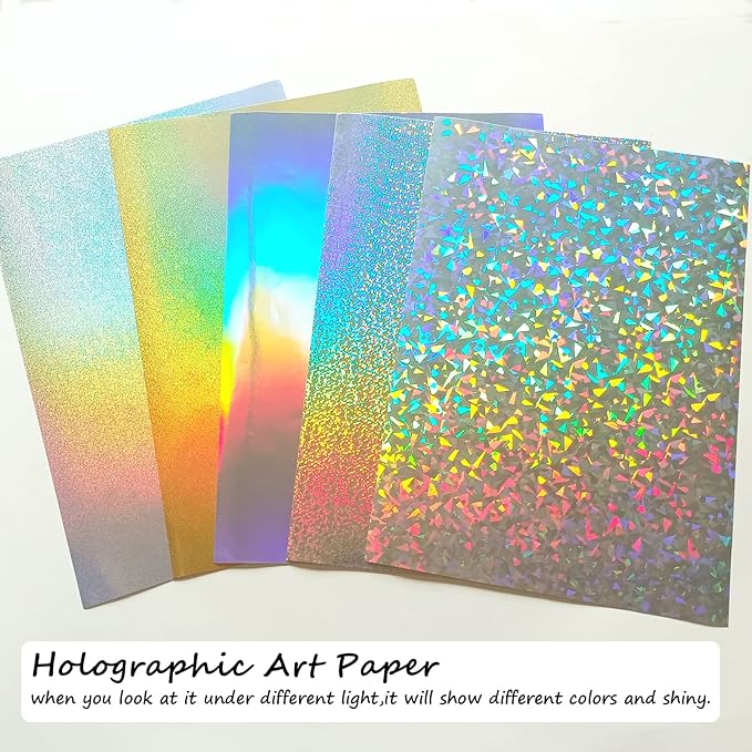 A4 Glitter Embossed Metallic Foil Paper Pack - 50 Sheets Assorted Colors & Designs Sparkly Holographic Premium Construction Paper for Gift Box Wrapping Birthday Party Scrapbook Paper