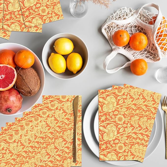 Vintage Floral Paper Napkins, 80PCS Vintage Floral Guest Paper Napkins Disposable, Orange Retro Plants Wildflower Lunch Dinner Hand Napkin for Wedding, Theme Party, Birthday, 4.5x8 Inch