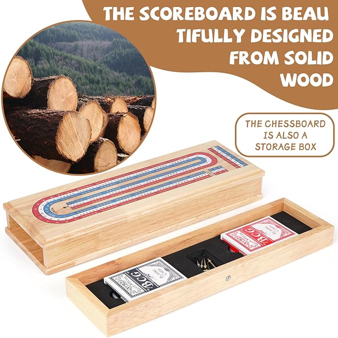 Wooden Cribbage Board Game Set with Storage Drawer & Metal Pegs – Premium 3-Track Cribbage Board with Cards, Portable Travel Strategy Game for Adults, Kids & Family Game Night