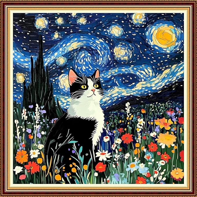 Hopeart Stamped Cross Stitch Kits for Beginner Embroidery Kits for Beginners Adults DIY 11CT Cross Stitch Patterns Needlepoint Kits Crossstitching Kits-Van Gogh Starry Cat 18x18 inch