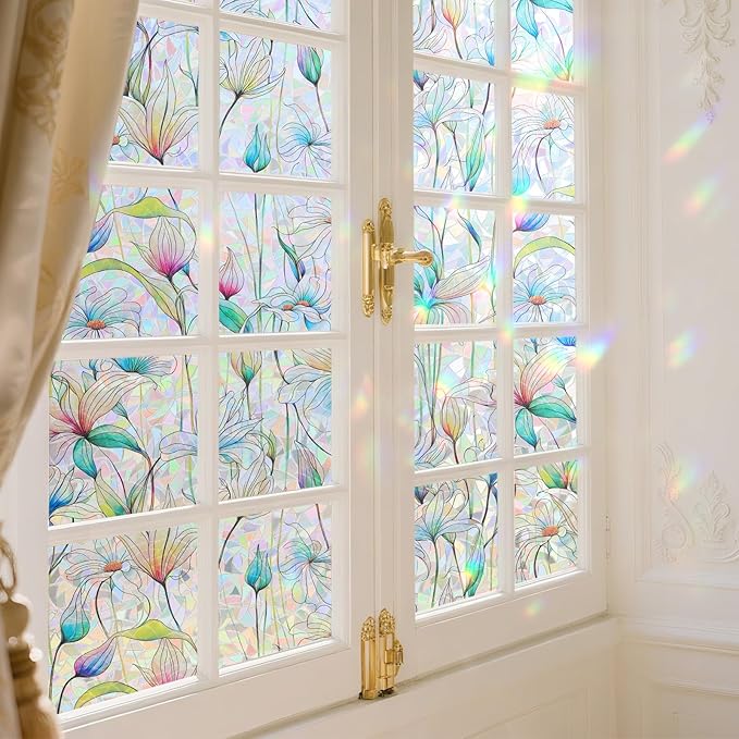 Donox Decorative Window Privacy Film, 3D Floral Stained Glass Window Film Static Cling Rainbow Privacy Sticker for Glass Door Heat Control Anti UV, No Adhesive (Magnolia,23.6 x 78.7 inches)