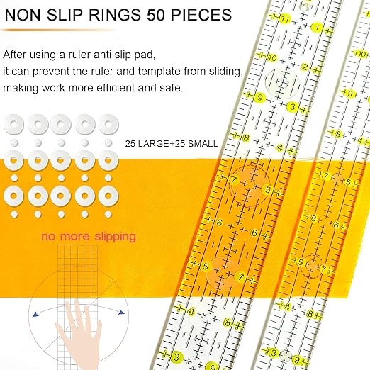 Quilting Ruler, Sewing Ruler, 8 Pack, Acrylic Quilting Templates(6"x17", 3"x17", 2"x16", 1.5"x12", 1"x12", 1"x6", 8"x3"), Non Slip Rings 25 Pieces, Sewing and Quilting Supplies - Clear/Yellow