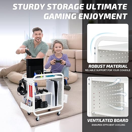 PLKOW Video Game Organizer, Rolling Video Game Storage Rack for Xbox/Switch/PS4/PS5 Accessories, Game Consoles Stand Controllers Holder, Perfect Holiday Present (White)