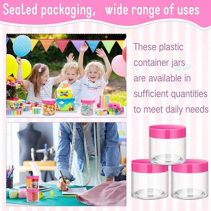 SATINIOR 12 Pack 8 oz Plastic Container Jars with Lids Round Clear Travel Cosmetic Container Slime Jars for Toiletries, Lotion, Cream, Ointments, Makeup, Rhinestone, Samples, Kitchen Storage(Pink)