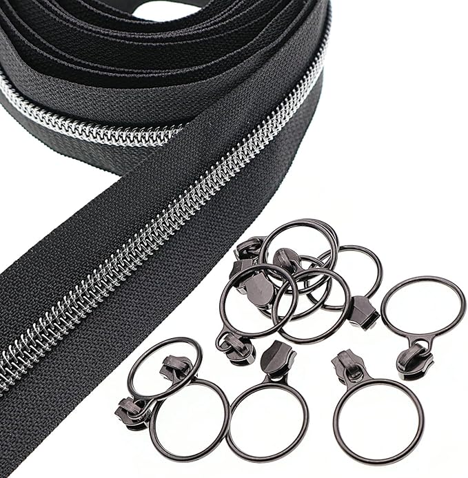 Leekayer #5 Black Nickel Metallic Nylon Coil Teeth Zippers by The Yard Bulk 10 Yards Black Zipper Tape with 25pcs Black Nickel Ring Pull Sliders for DIY Sewing Tailor Craft Bag(Black)