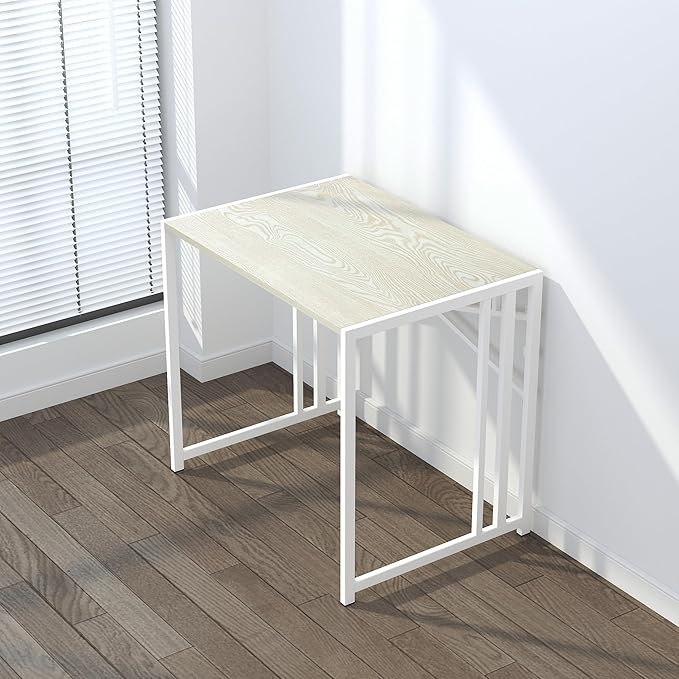 32 inch Small Folding Desk, Writing Gaming Computer Camping Desk for Small Spaces, No Assembly Required Home Office Desk, Natural and White