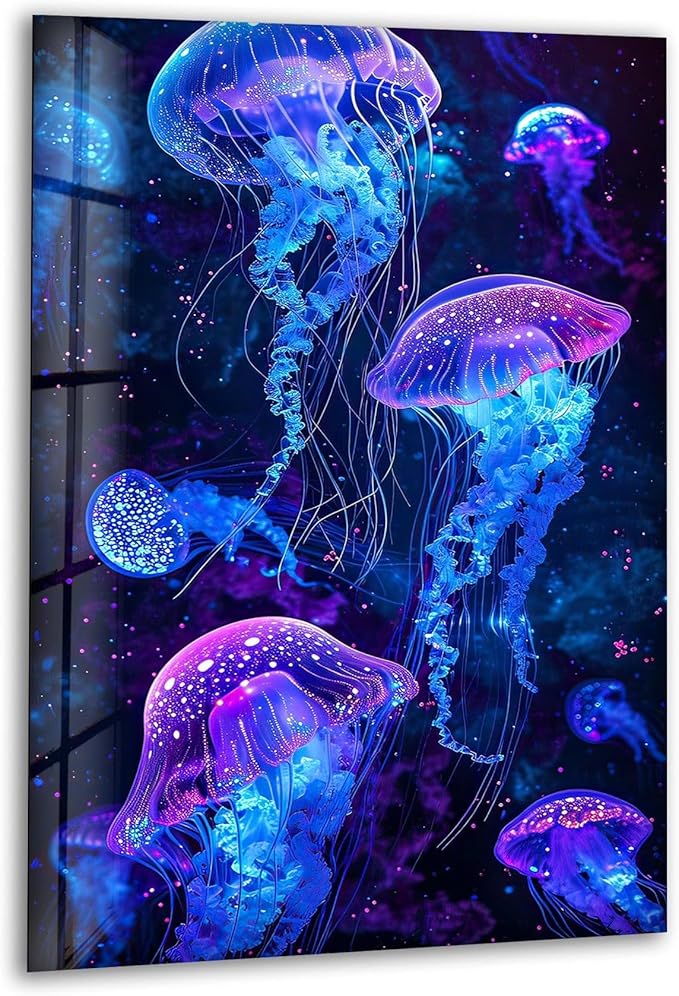My Photostation.com 30Wx35.5H'' Glowing Jellyfish Glass Wall Art Tempered Glass Printing Wall Decor Large Wall Art Wall Hangings