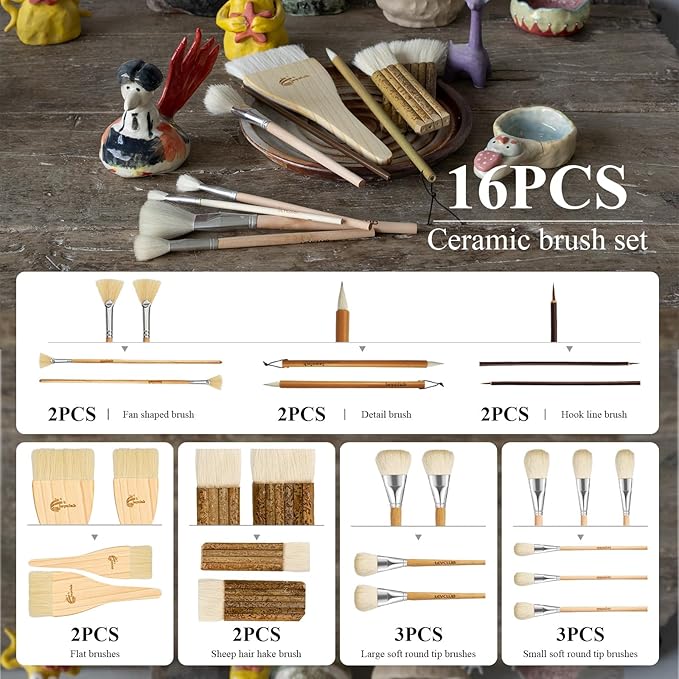 Pottery Glaze Brushes,16 PCS Painting Ceramic Brush Set, Different Shape Wool Soft Bristle for Ceramic Pottery Glazing Creation