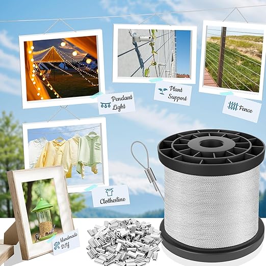 316 Stainless Steel Cable, 1000FT 1/32IN Wire Rope with 250Pcs Aluminum Sleeves Stops, for String Lights Hanging, Clotheslines, Trellis Wire