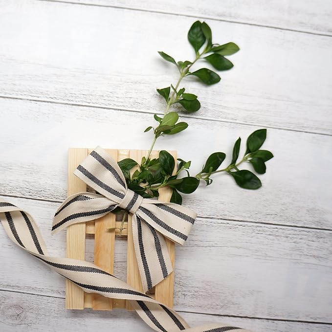 CT CRAFT LLC Ivory Cotton Black Stripes Ribbon 1.5" x 10 Yards for Home Décor Gift Present Wrapping DIY Crafts Birthday Wedding Bouquet Christmas