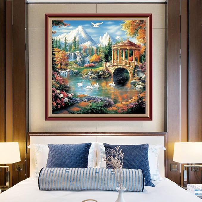 DMCXART Counted Cross Stitch Kits for Adults Needlepoint Kits Unprinted Cross Stitching Embroidery Kit 11CT Cross Stitch Supplies-Swan Lake Scenery 18x18 inch
