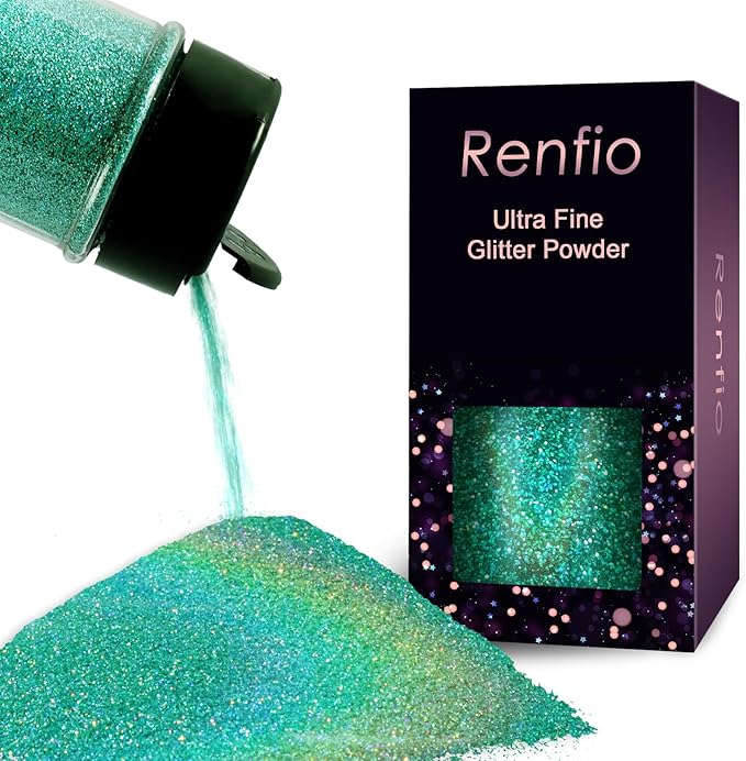 Renfio Holographic Ultra Fine Glitter Powder Metallic Resin Glitter 2.11 Oz (60g) PET Flakes Crafts Sequins 1/128" 0.008" 0.2mm Epoxy Chips Flakes for Tumblers Slime - Laser Mint Blue