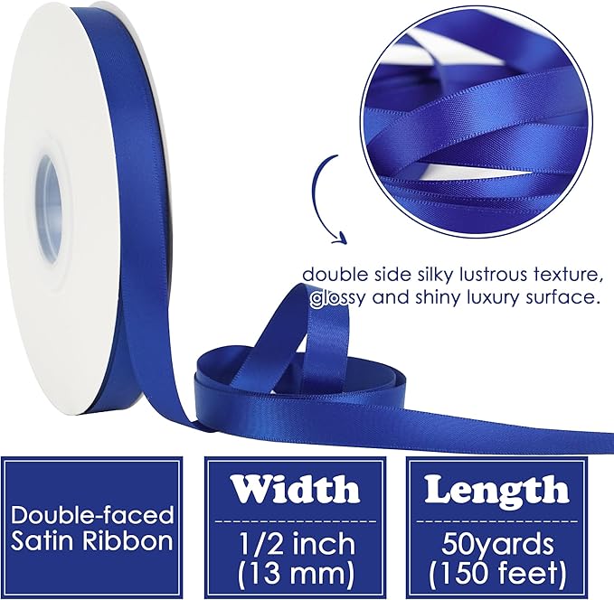 HUIHUANG Royal Blue Ribbon 1/2 inch X 50 Yards Continuous, Double-Faced Satin Ribbon for Gift Wrapping, Bows, DIY Crafts, Flower Bouquet, Independence Day Decoration