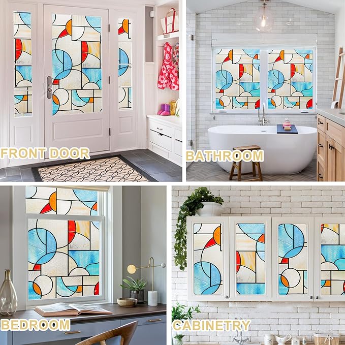 3D Stained Glass Window Privacy Film, Heat Control UV Blocking Static Cling Decorative Window Film for Bathroom,Front Door,Home Non Adhesive,23.6 x 35.4 inches Mondrian Fantasy