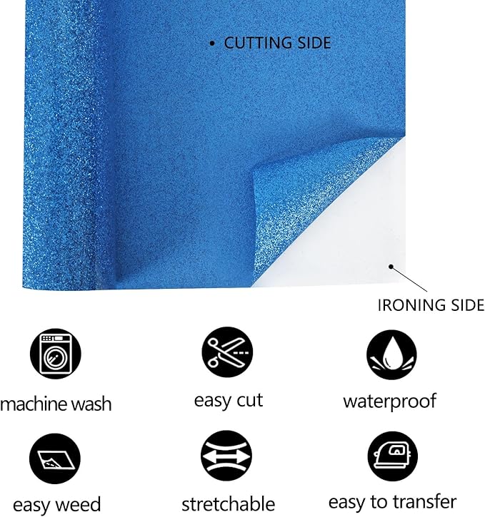FUNKAKA Glitter Blue HTV Heat Transfer Vinyl Rolls, 12" x 25ft PU Iron on Vinyl for T-Shirt Blue Glitter HTV Vinyl for All Cutter Machines Easy to Cut & Weed for Heat Vinyl Design