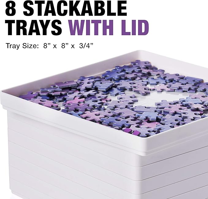 Tidyboss 8 Puzzle Sorting Trays with Lid 8" x 8" - Portable Jigsaw Puzzle Accessories White Background Makes Pieces Stand Out to Better Sort Patterns, Shapes and Colors | for Puzzles Up to 1500 Pieces