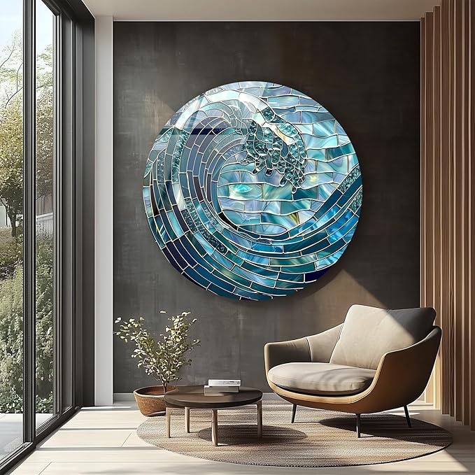 My Photostation.com 24''(60cm) Diameter Ocean Wave in Blue Mosaic Round Glass Wall Art Tempered Glass Printing Wall Decor Large Wall Art Wall Hangings