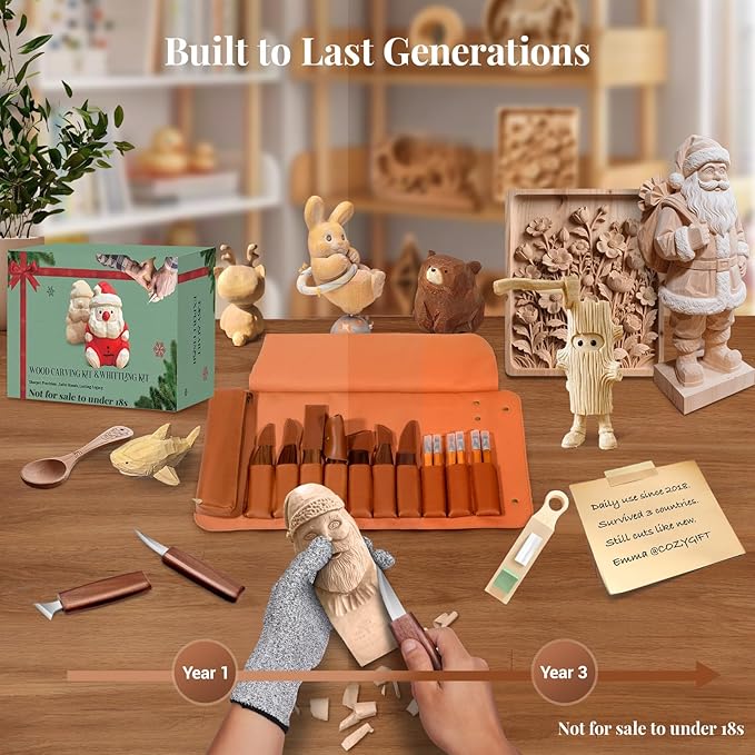 COZYGIFT Wood Carving Kit for Adults & Beginners - 31-Piece Set with 7 Whittling Knives & 6 Detail Gouges, 2 Pre-Carved Basswood Blocks, Leather Roll & Splinter-Free Handles for Woodworking & DIY Gift