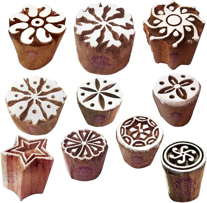 Paper Print Stamps Intricate Small Round Pattern Wood Blocks (Set of 10)