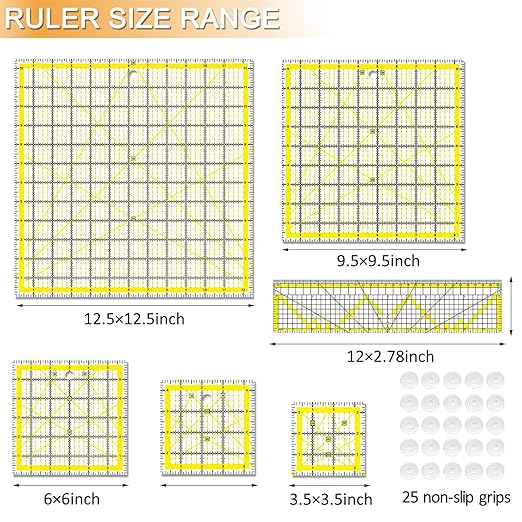 Quilting Rulers, Sewing Ruler (2.78"x12", 3.5", 4.5", 6", 9.5", 12.5"), Acrylic Ruler for Cutting Fabric, Rulers for Quilting and Sewing, Non Slip Sewing Supplies