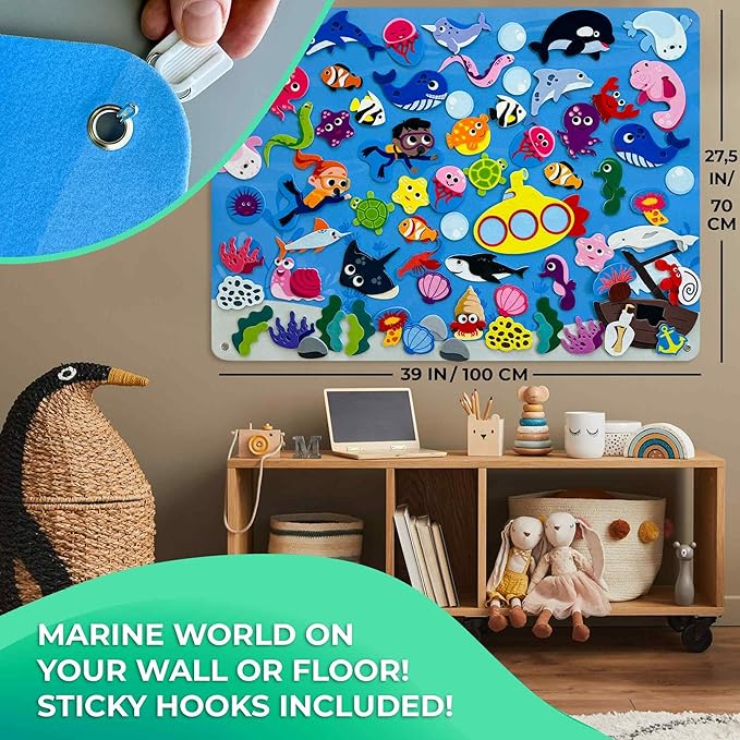 QUOKKA Ocean Felt Board for Toddlers - 70 PCS Double-Thick Felt Board Story Set with Large 41x30 Inch Durable Wall Activity Boards - Ideal for Storytelling Indoor Toddler Activities and Classroom
