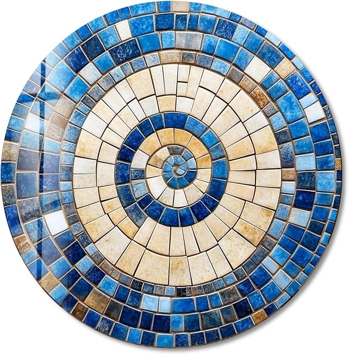 My Photostation.com 10''(25cm) Diameter Coastal Sunburst Beige & Blue Round Glass Wall Art Tempered Glass Printing Wall Decor Large Wall Art Wall Hangings