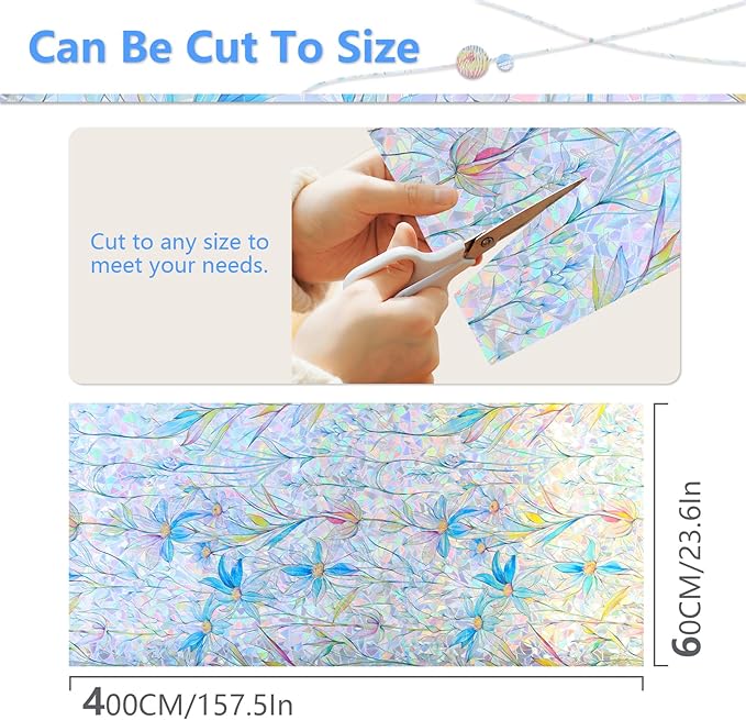 FINNEZ Window Privacy Film Stain Glass Film Flowers Rainbow Window Film Window Clings Non-Adhesive Reusable Decorative for Home（Blue Lotus，23.6 Inch x 13.1 Feet）
