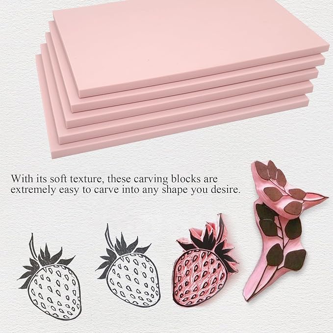5 Pack 8"x6" Pale Pink Rubber Stamp Carving Blocks Pink Rubber Carving Blocks Linoleum Block for Stamp Maker Printmaking Supplies