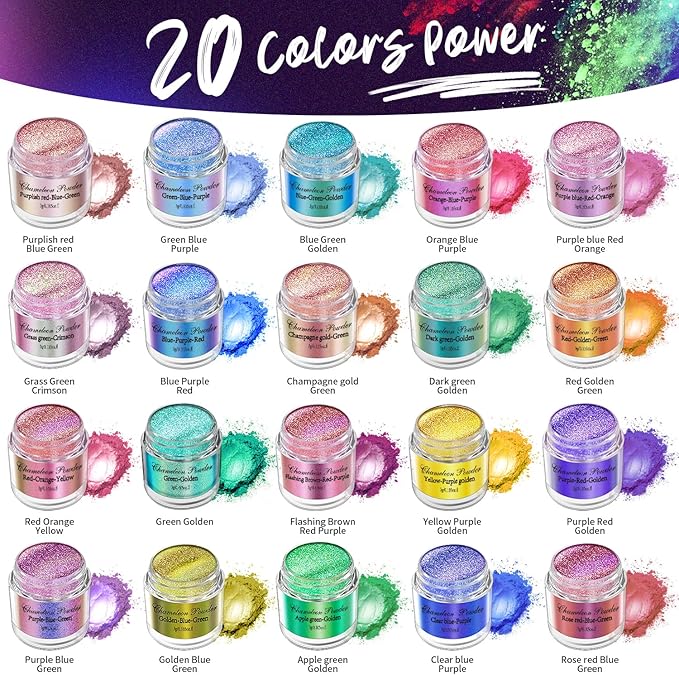 20 Colors Chameleon Mica Powder, 20 * 3g Color Shift Resin Pigment Powder for Epoxy Resin, Painting, Soap Making, Bath Bombs, Candle Making, Slime, Jewelry DIY Accessories(0.1oz/jar)