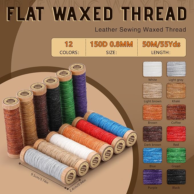 12 Colors Waxed Thread for Leather Sewing, 660 Yards Flat Leather Sewing Thread, 150D Waxed Cord for Stitching Repairing Book Binding Canvas Sofa Furniture