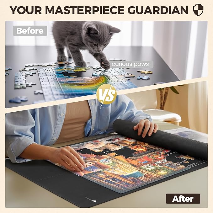 ropoda 1500 Pieces 46" x 26 "Puzzle Mat Roll Up, Puzzle Saver with 4 Large Sorting Trays & Travel Storage Bag, Portable Rollup Puzzles Keeper (Black)