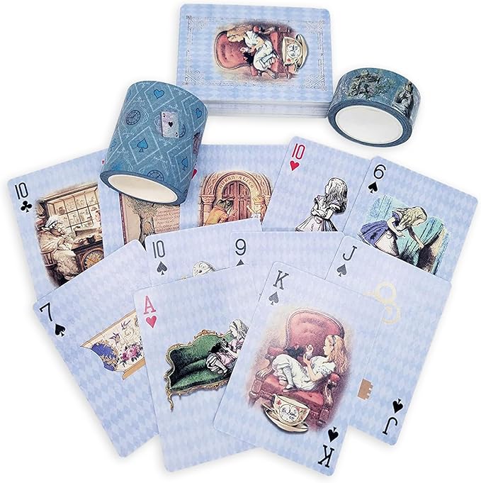 Blue Alice Adventures in Wonderland Playing Cards & Washi Tape Set - Stickers, Scrapbook Supplies, Crafts, Planner Accessories, Party Decor, Waterproof Card Games for Adults, Kids, Family & Travel