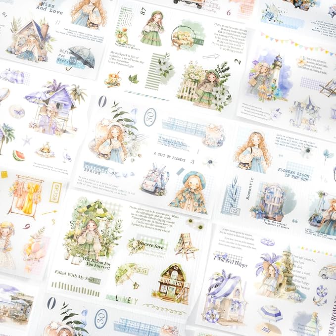 4Pcs Girl Pre-Cut Sticker Books, PET and Washi Designs for Scrapbooking, Journaling Supplies, Junk Journal Ephemera, Includes Organizer