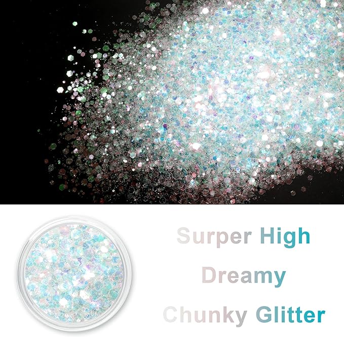 Renfio Opal Chunky Glitter, 1.58oz/45g White Glitter, Dreamy High Sparkle Glitter for Crafts Holographic Fine Glitter Mix Iridescent Glitters Flake for Resin Nails Art Hair DIY Snow Globe - Ocean Wave