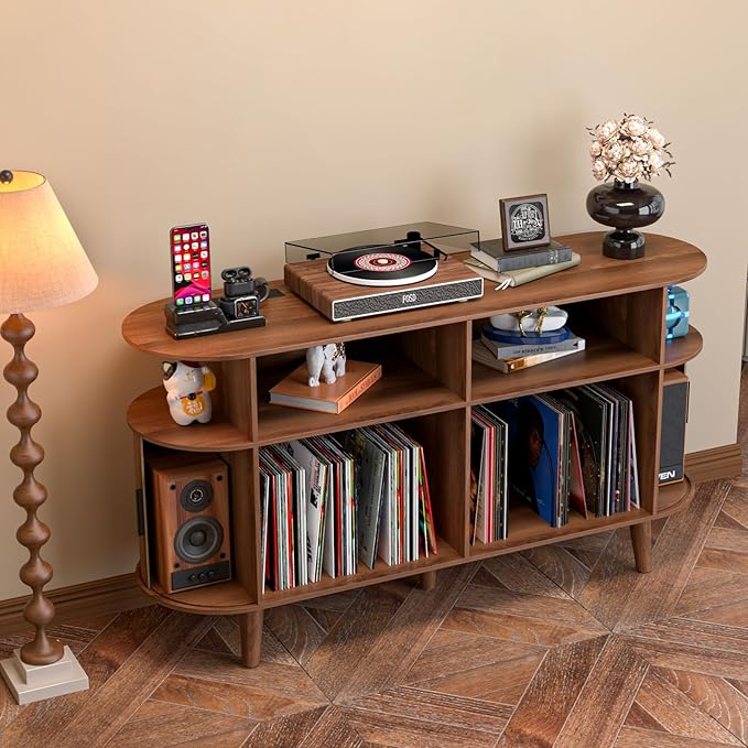Large Round Record Player Stand with Charging Station & USB Ports，Record Storage Cabinet, Mid Century Modern Turntable Stand for Bedroom Living Room (Walnut)