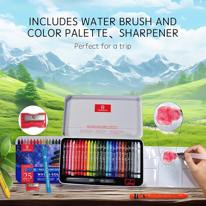 25 Colors Water Soluble Pastels, Watercolor Pastels Set for Beginners and Hobbyists, Includes Sharpener, Palette & Brush for Vibrant Art Creations (Classic)