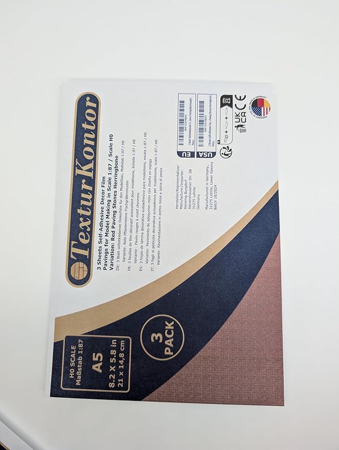 3 Sheets Self-Adhesive Decorative Film Paving Stones and Surfaces for Model Making in Scale 1:87 Scale H0 (UK: 3.5 mm Scale) (Red Paving Stones Herringbone)