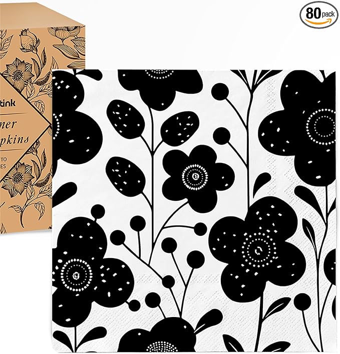 80 pack Designer Cocktail Beverage Napkins, 3-Ply 5x5-inches Disposable Decorative Fall Winter Guest Floral Black White Flower Napkin for Wedding Birthday Anniversary Party Baby Shower