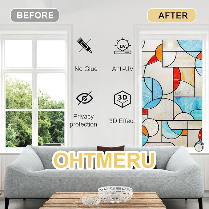 3D Stained Glass Window Privacy Film, Heat Control UV Blocking Static Cling Decorative Window Film for Bathroom,Front Door,Home Non Adhesive,23.6 x 35.4 inches Mondrian Fantasy