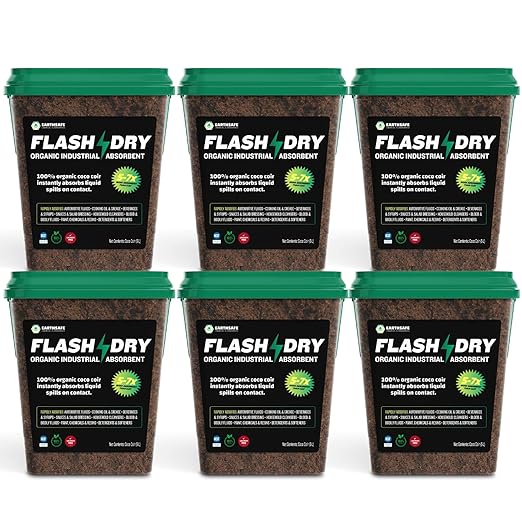 FlashDry All Purpose Organic Industrial Absorbent - 5 Liter Bucket, Case of 6- Instantly Absorbs Liquid Spills - Safer and 5-7x More Absorbent Than Clay - Lightweight & Refillable - OSHA Compliant