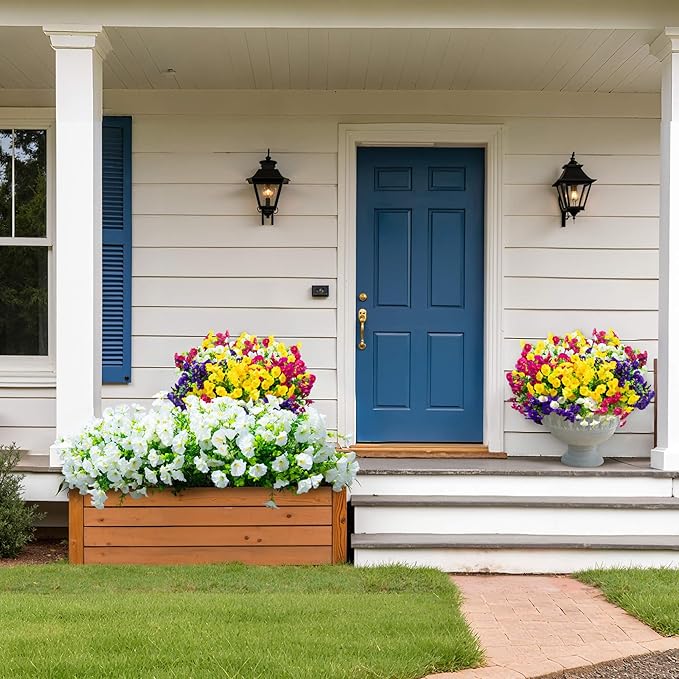 Artificial Fake Flowers For Outdoor Outside Decoration,16 Bundles UV Resistant Faux Plastic White Flowers with Green Eucalyptus Stem Plants Bulk Look Real for Home Porch yard Patio Planters (White)